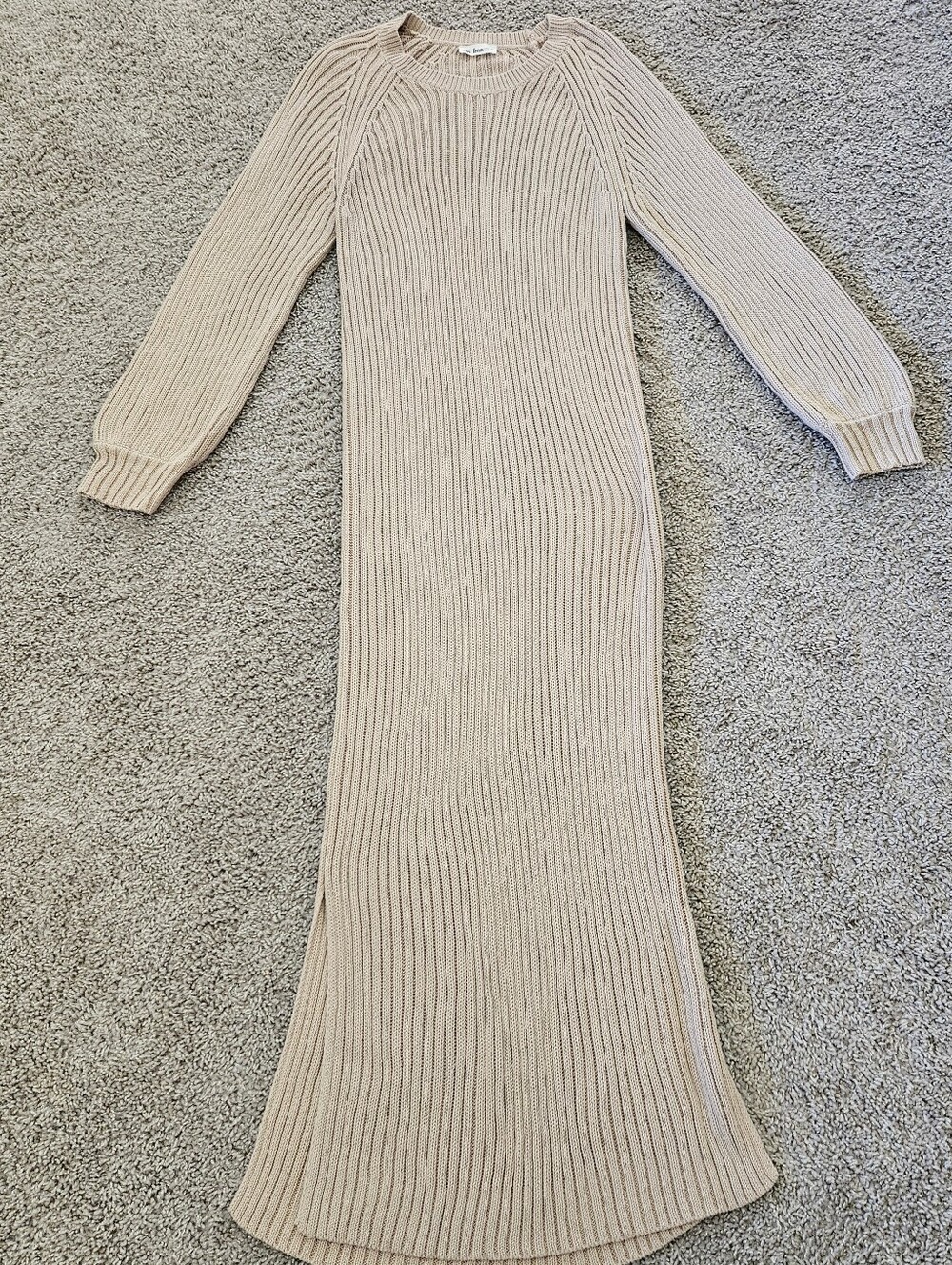 In Loom Beige Ribbed Knit Long Sleeve Side Slit Sweater Dress Maxi Medium